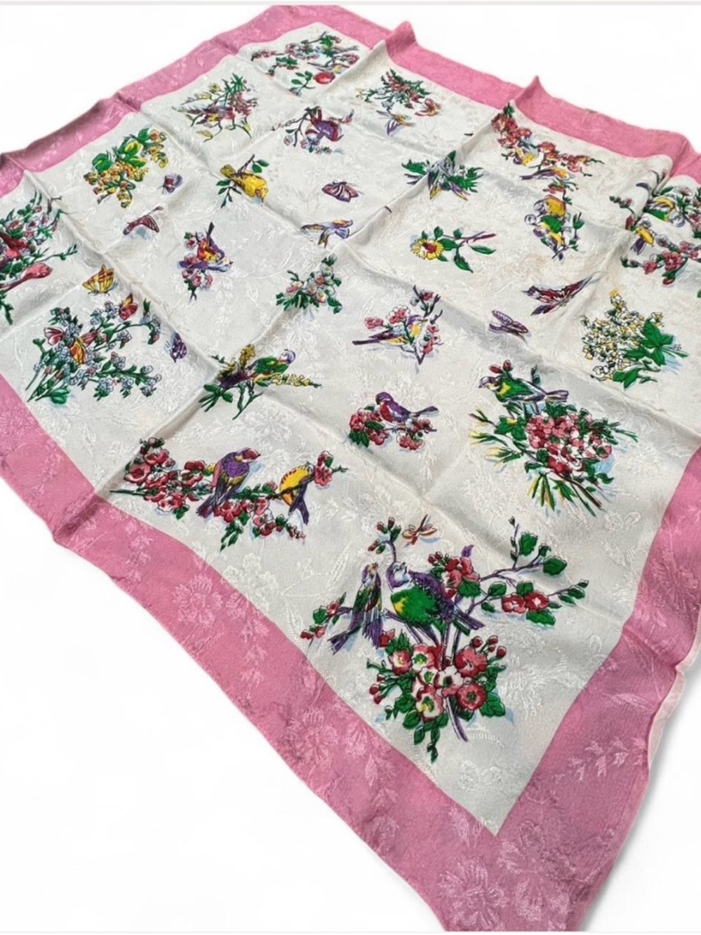 Vintage Floral & Bird Print Silk Scarf in Pink Border